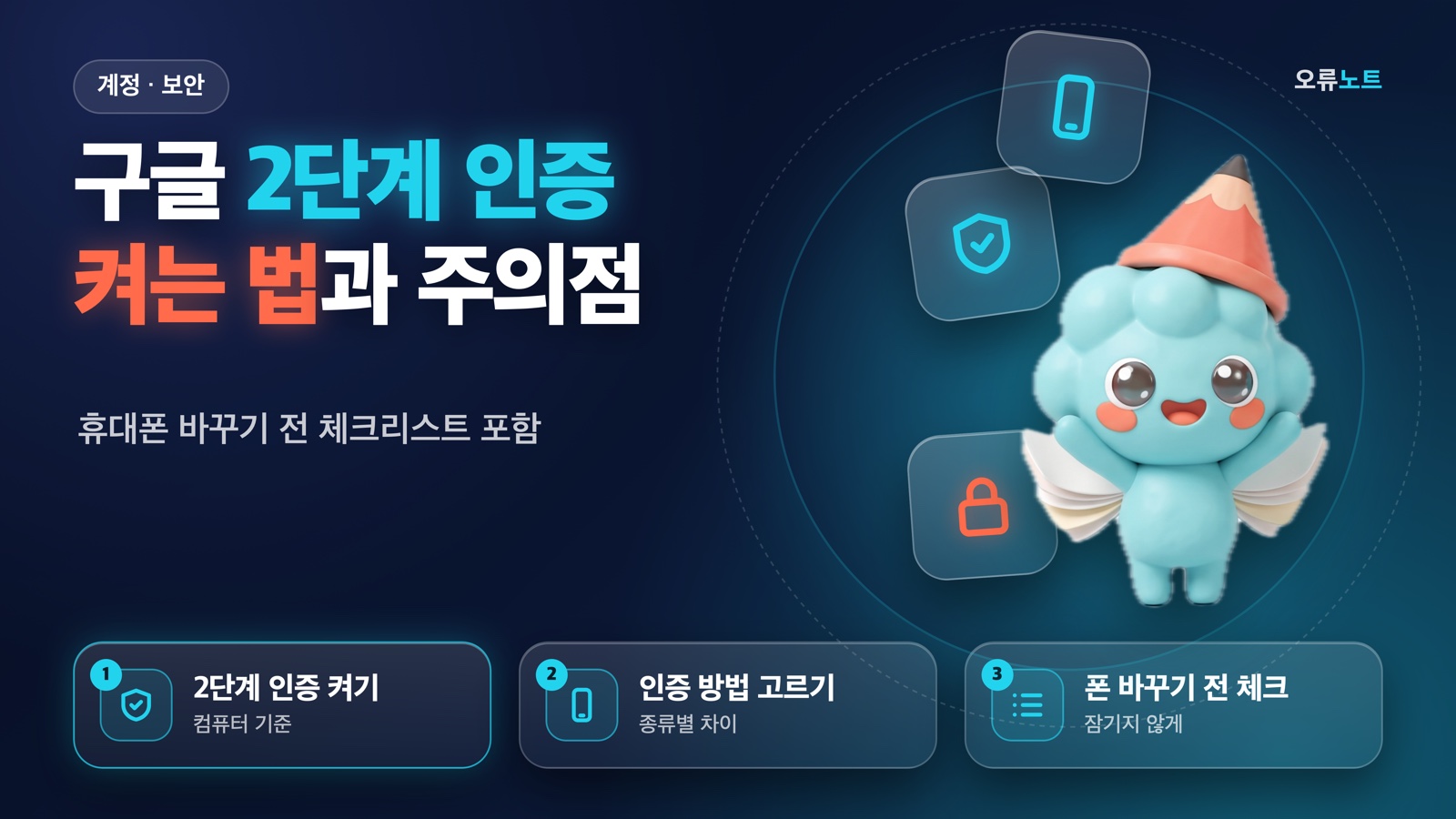 기뻐하는 마스코트 띠롱과 인증 켜기·방법 고르기·폰 바꾸기 전 체크 3개 요약 카드가 있는 대표 이미지