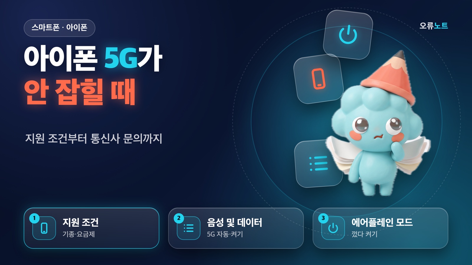고민하는 표정의 마스코트 띠롱과 지원 조건·음성 및 데이터·에어플레인 모드 요약 카드가 있는 대표 이미지